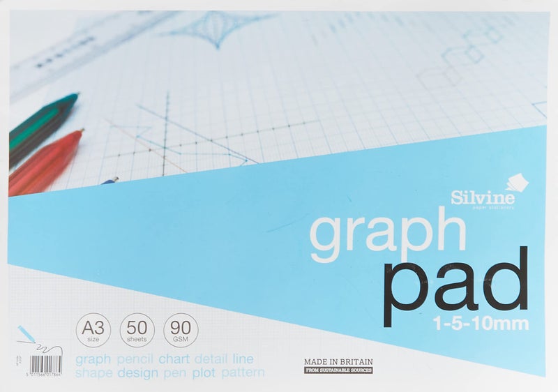 Silvine A3 Graph Pad. 50 Sheets of Quality 90gsm Paper, Printed 1-5-10mm Graph. Ref A3GP - Image 1